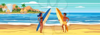 Summer beach surfers characters with surfboards on sea ocean coast, palms sand surf