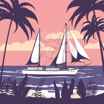 Sailing ship banner retro vintage tropical flora palm silhouettes