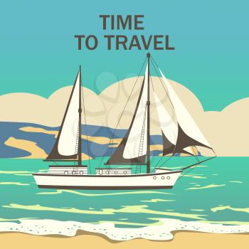 Sailing ship banner retro vintage with text Time To Travel. Nautical ocean sailing yacht or traveling seascape