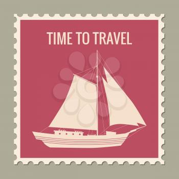 Postage stamp summer vacation Sailboat. Retro vintage design