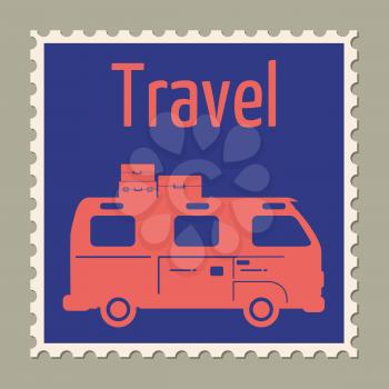 Postage stamp summer vacation Van bus. Retro vintage design