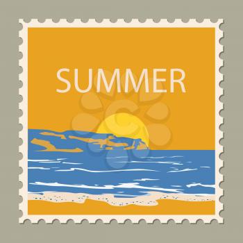Postage stamp summer vacation Sunset ocean sea. Retro vintage