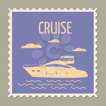 Postage stamp summer vacation Speed yacht. Retro vintage