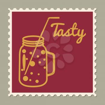 Postage stamp summer vacation Jar with drink. Retro vintage design
