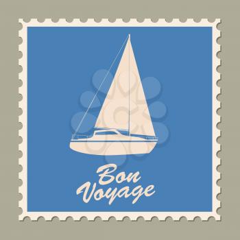 Postage stamp summer vacation Sailboat Bon Voyage. Retro vintage