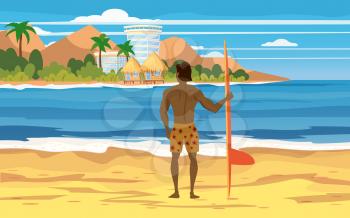 Surfer standing with surfboard on the tropical beach back view. Palms ocean surfung theme