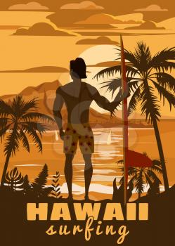 Surfer standing with surfboard on the tropical beach back view. Hawaii surfing palms ocean theme
