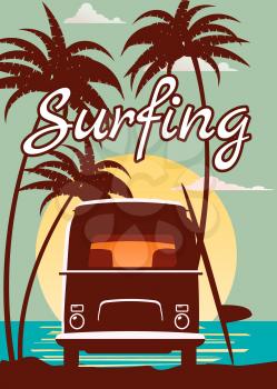 Surfer retro bus, van, camper with surfboard on the tropical beach. Poster Surfing surfing palm trees and ocean