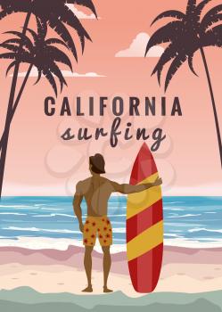 Surfer standing with surfboard on the tropical beach back view. California surfing palms ocean theme