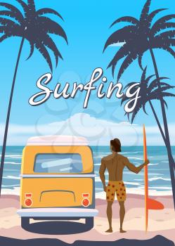 Surfer standing with surfboard and van, camper on the tropical beach back view retro vintage
