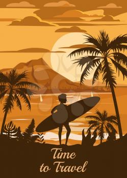 Time to Travel Happy Man with Surfboard on Summer Vacation Beach