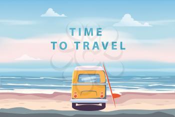 Summer Vacation Poster Time To Travel. Beach camping van, bus with surfboard seascape palms, ocean. Vector illustration retro, vintage, illustration