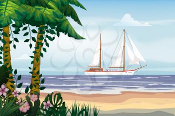 Summer Vacation Poster. Seascape beach palms seachore sailing yacht tropical ocean, vector, illustration