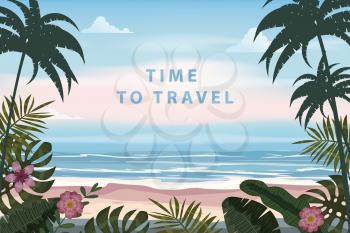 Time To Travel Summer Vacation Poster Retro. Seascape beach palms seachore tropical ocean, vector, illustration vintage