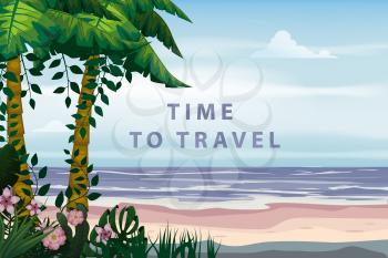 Time To Travel Summer Vacation Poster. Seascape beach palms seachore tropical ocean, vector, illustration
