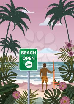 Summer beach banner Open surfer with surfboard. Seascape ocean shore tropical flora palms
