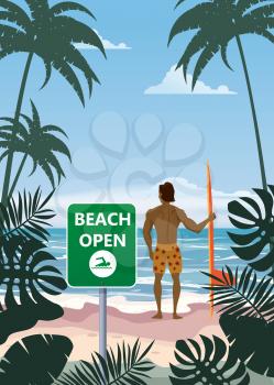 Summer beach banner Open surfer with surfboard. Seascape ocean shore tropical flora palms