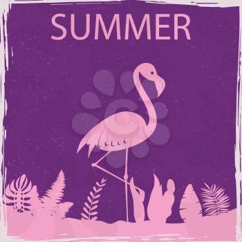 Flamingo summer tropical exotic bird floral vintage poster. Textured grunge effect retro card