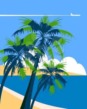 Travel poster holiday summer tropical beach vacation. Ocean seaside landscape palms plane