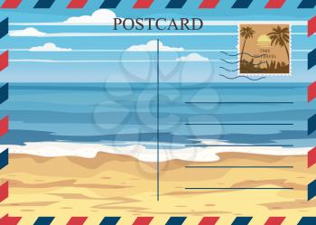 Postacrd summer vintage beach seaside ocean. Vacation travel design card with postage stamp