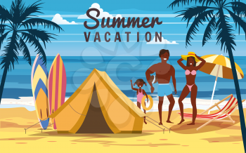 Tourist tent camping on the tropical beach, palms. Happy family, surfboards, Summer vacation, coastline beach sea, ocean, travel. Vector poster banner, illustration