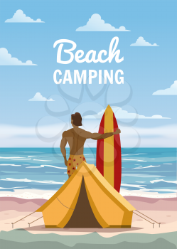 beach camping. Surfer with surfboard, tent camping on the tropical beach, palms. Summer vacation coastline beach sea, ocean, surfing, trave. Vector poster banner, illustration