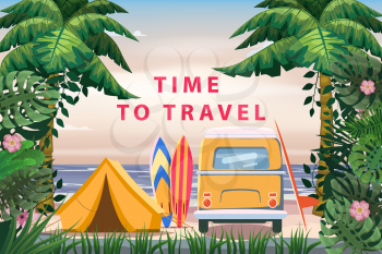Time to travel. Tourist tent camping on the tropical beach, van, surfboards, palms. Summer vacation coastline beach sea, ocean, surfing, travel. Vector poster banner, illustration