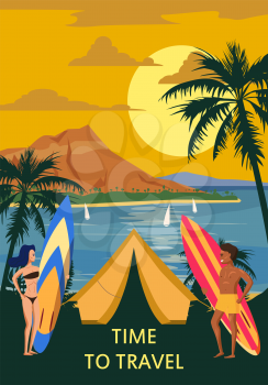 Time to travel. Surfers with boards and a beach tent are relaxing on the coast. Surfing man and woman travel to exotic resorts, palm trees, island, tropical. Vector, illustration