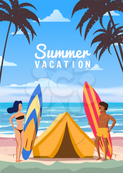 Surfers with boards and a beach tent are relaxing on the coast. Summer Vacation, man and woman travel to exotic resorts, palm trees, island, tropical. Vector, illustration