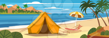 Summer vacation. Tourist tent camping on the tropical beach, palms. Summer vacation coastline beach sea, ocean, travel. Vector poster banner, illustration