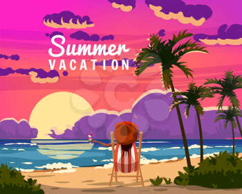 Summer Vacation Woman lying on deck chair with cocktail in hand, resort tropical coast. Exotic sea ocean shore sunset sand, palms. Vector illustration retro vintage poster isolated