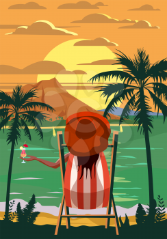 Summer Vacation Woman lying on deck chair with cocktail in hand, resort tropical coast. Exotic sea ocean shore sunset sand, palms. Vector illustration retro vintage poster isolated