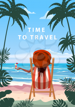 Time To Travel Summer Vacation Woman lying on deck chair with cocktail in hand, resort tropical coast. Exotic sea ocean shore sunset sand, palms. Vector illustration retro vintage poster isolated