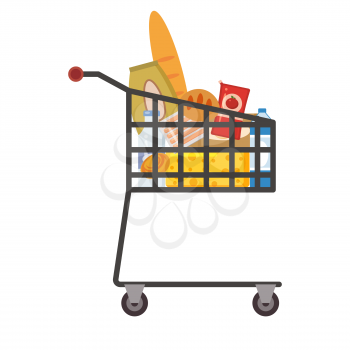 Supermarket self service shopping cart basket trolley full grocery food products