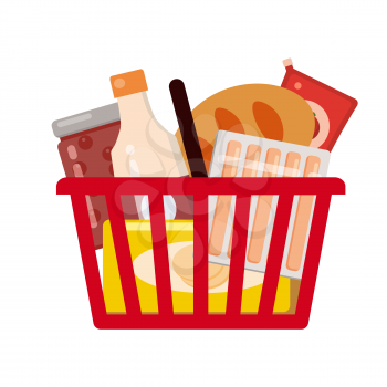Supermarket self service shopping cart basket full grocery food products