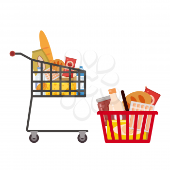 Set Supermarket self service shopping carts baskets trolley full grocery food products