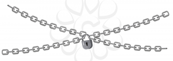 Padlock and chains isolated on white background. Concept of protection of information, property, inaccessibility