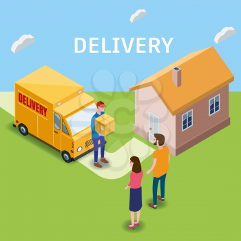 Isometric Express and Delivery. Courier shipping to couple woman and man a cardboard box. Free shipping, product goods 24 hour delivery