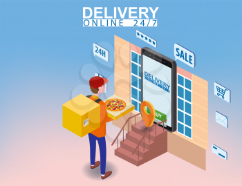 Pizza Delivery Service Isometric concept. Courier with pizza box shipping to home, smartphone. Fast 24 7 shipping, online food order template banner