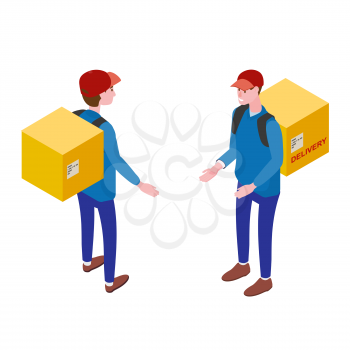 Courier with box. Delivery Service Isometric concept. Fast 24 7 shipping, online food order template banner