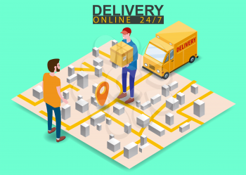 Isometric Fast Express and Delivery. Courier shipping to man a cardboard box. Free shipping, product goods 24 hour delivery. Delivery truck van, map city