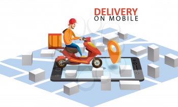 Delivery by scooter moped on mobile tracking online, map isometric