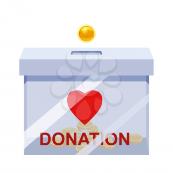Donation Box with golden coin, money. Depositing in a transparent container with text banner donate