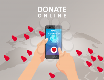 Donating money by online payments consept. Gold coin and eath palnet background hearts, button donation on smartphone screen