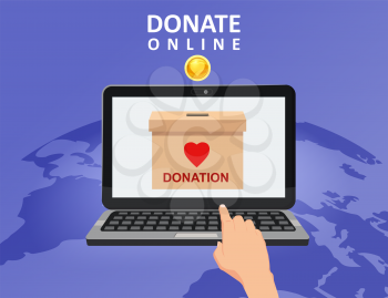Donate online payments. Hand let money gold coin donation box on a laptop PC display