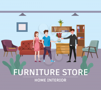 Furniture shop interior mall business. Couple man and woman and assistant buyer. Sofa, chairs, armchairs, bookshelf, plants and decoration. Vector illustration isolated flat cartoon style
