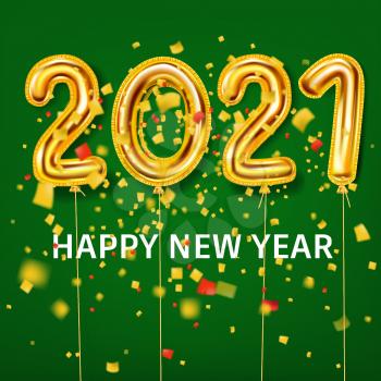 2021 Happy New Year background. Gold realistic 3d balloons foil metallic numbers glitter gold confetti. Vector illustration celebrate festive party, poster, banner