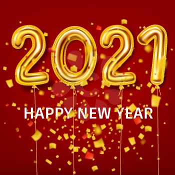 2021 Happy New Year decoration holiday background. Gold realistic 3d balloons foil metallic numbers explosion of glitter gold confetti. Vector illustration celebrate festive party, poster, banner