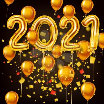 Happy New Year 2021 decoration holiday background. Gold realistic 3d balloons foil metallic numbers and helium balloons, glitter gold confetti. Vector illustration celebrate festive party, poster, banner