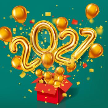 Happy New Year 2021 background. Gold realistic 3d balloons foil metallic numbers and helium balloons, gift box explosion of glitter gold confetti. Vector illustration celebrate festive party, poster, banner